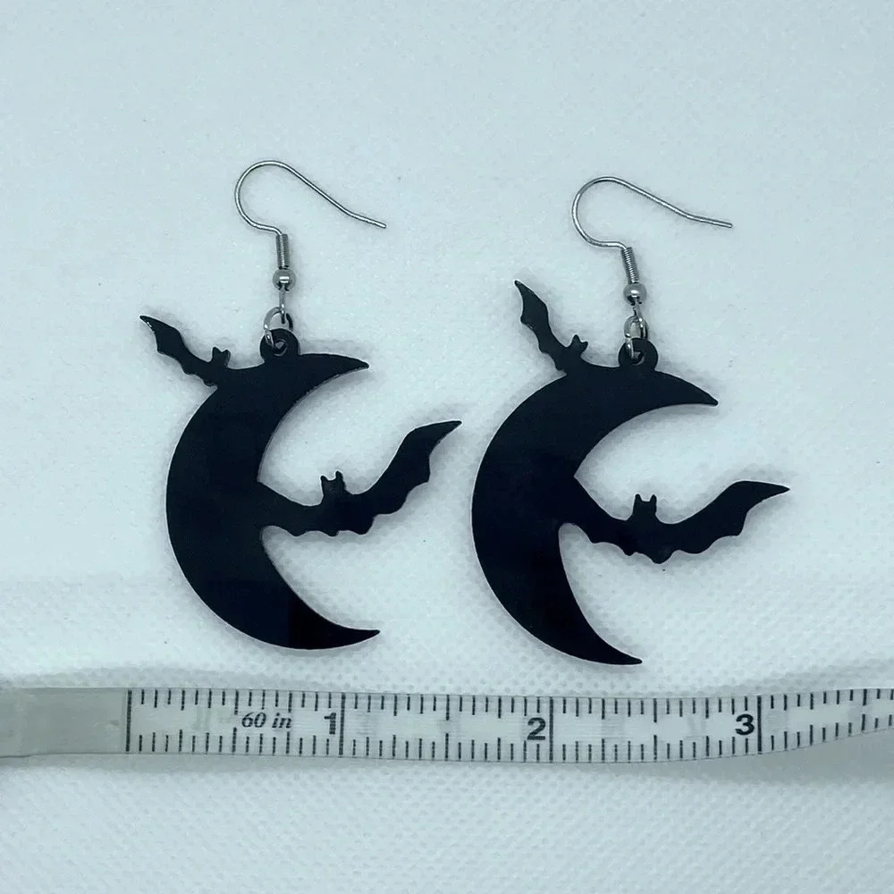 New‎ black crescent moon bat earrings Halloween plastic hook earrings fall
